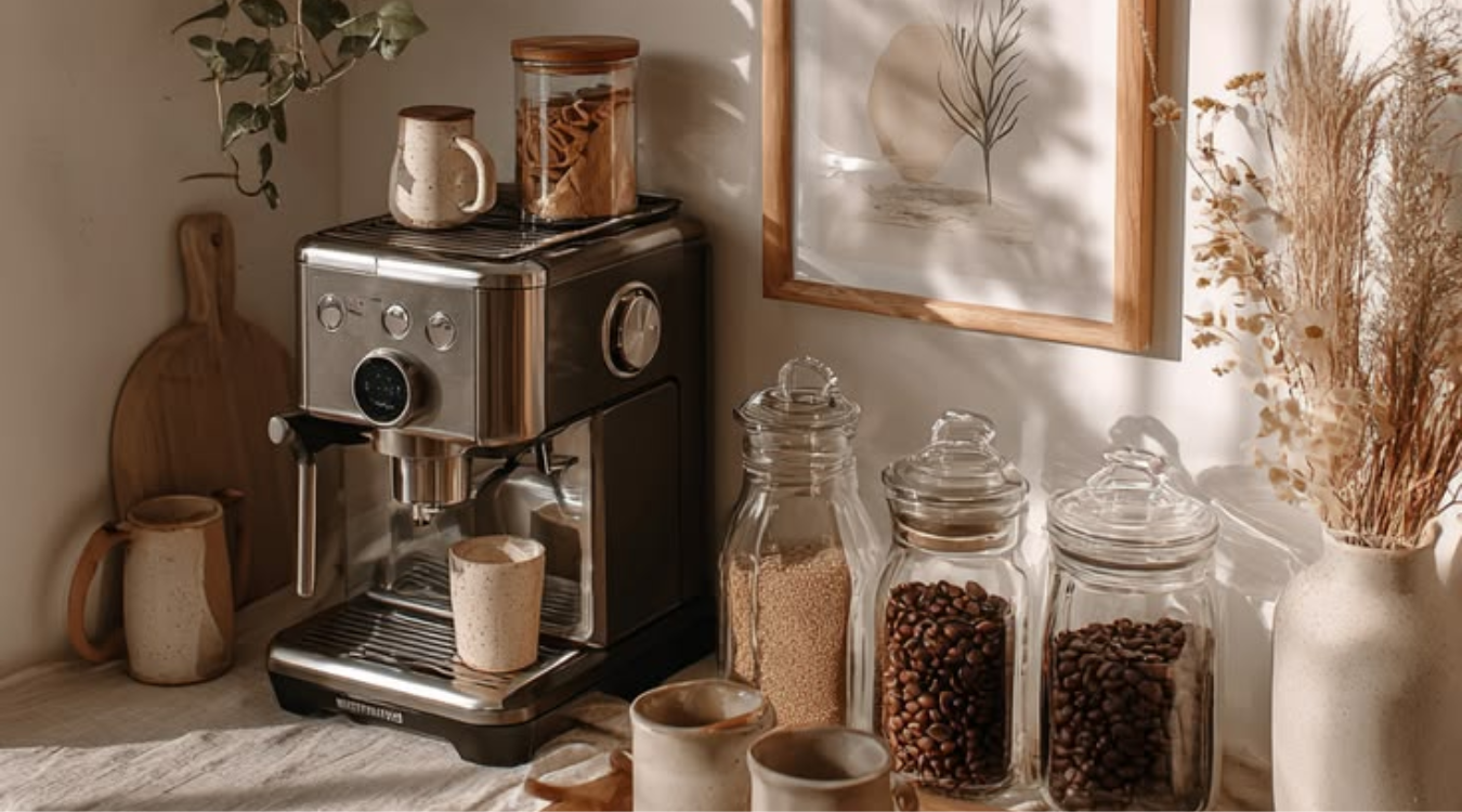 Coffee station unit designed by James James Kitchens with wooden shelves and a bright wall colour A stainless steel espresso machine sits on a counter next to glass storage jars, ceramic mugs, and dried floral decor.
