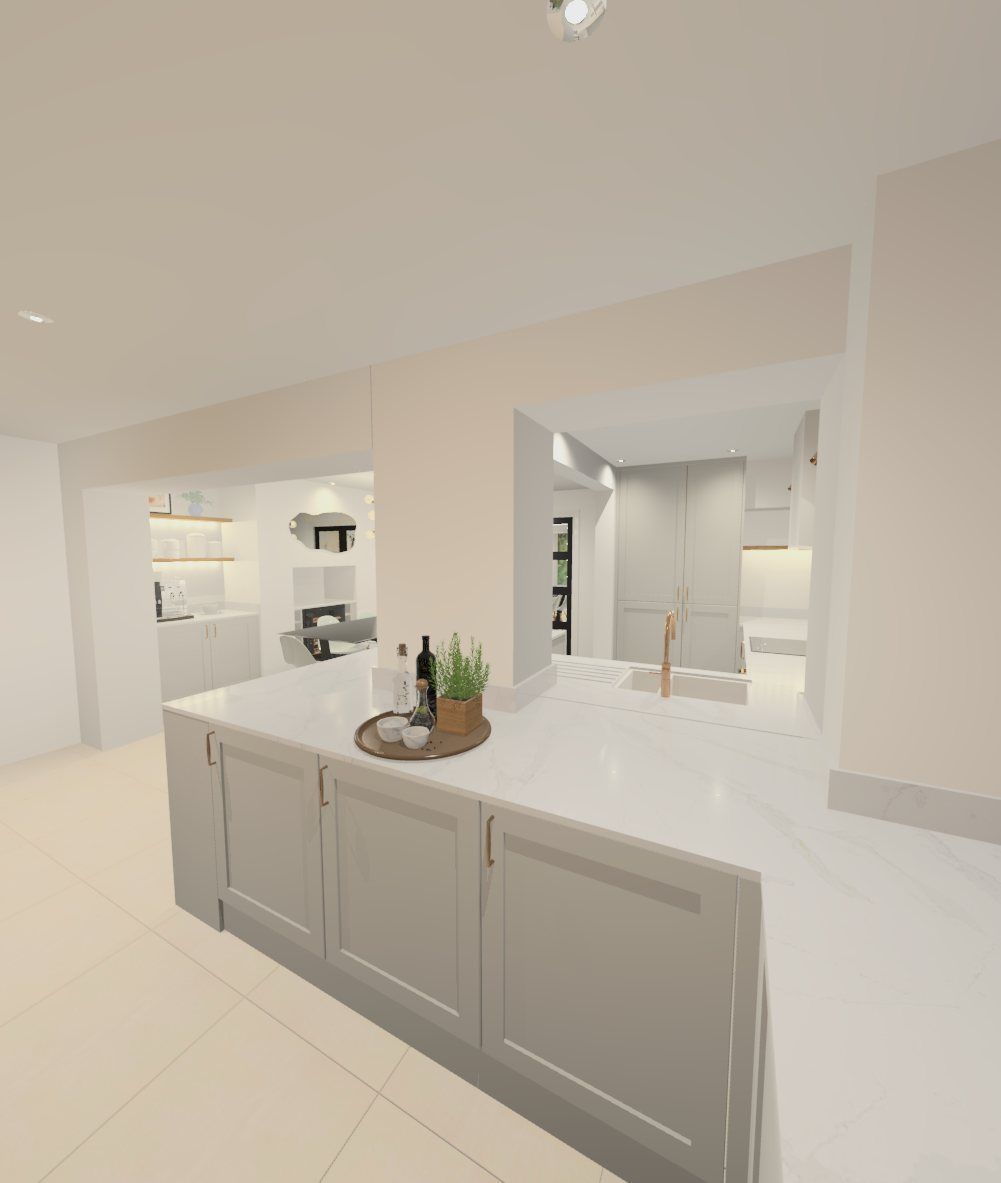 A light grey kitchen island with a white marble countertop sits in a modern home interior with neutral-toned walls.