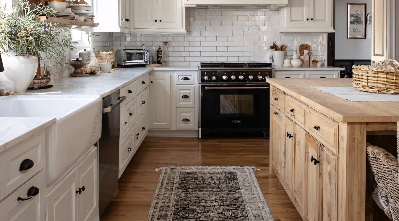 Farmhouse kitchen with white cabinets, black stove, wood island, and area rug.