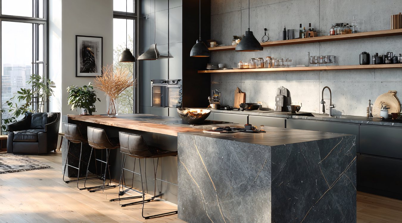 Modern kitchen with black cabinetry, stone island, wooden countertops, and open shelving.