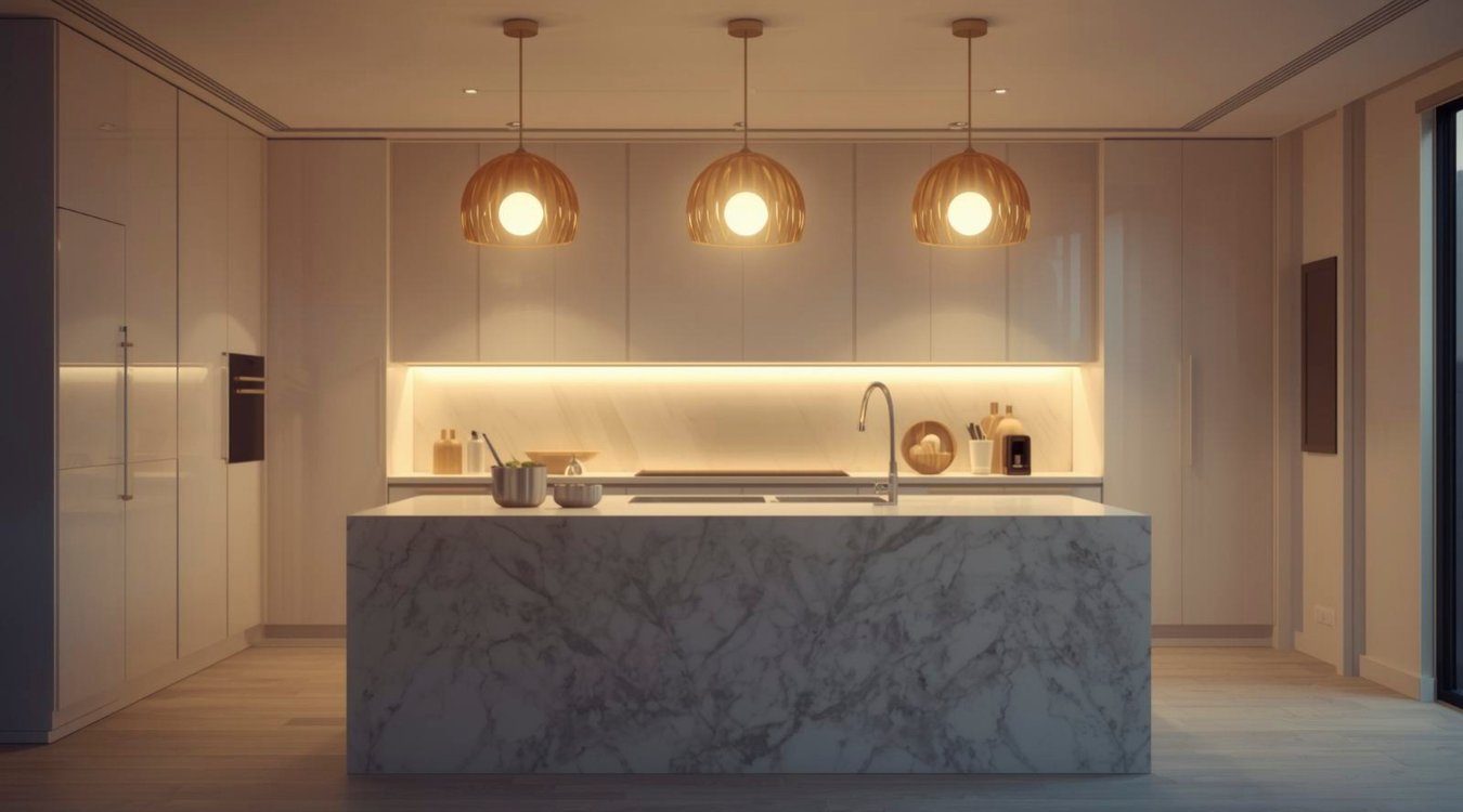 A stylish kitchen design showcasing a marble island centerpiece, gold hanging fixtures, and light-toned hardwood floors. Modern kitchen with marble island, gold pendant lights, and light wood flooring.