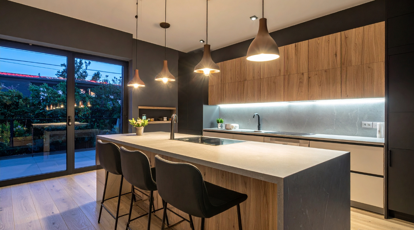 A contemporary kitchen featuring a central island, wood cabinetry, and pendant lighting, with expansive glass doors opening to the patio. Modern kitchen with island, wood cabinets, and pendant lights; large glass doors lead to patio.