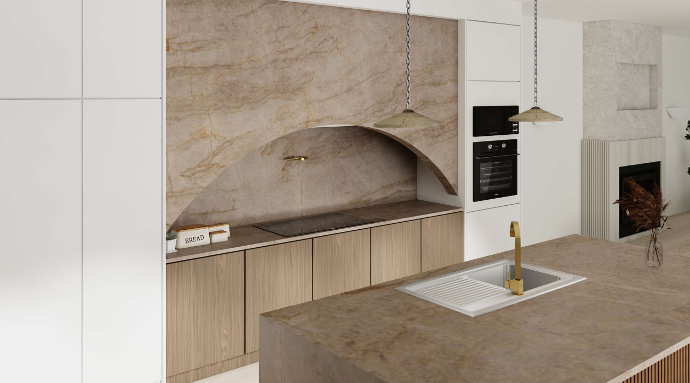 Modern kitchen with a stone arched backsplash and wood cabinetry. A kitchen island features a sink and a gold faucet.