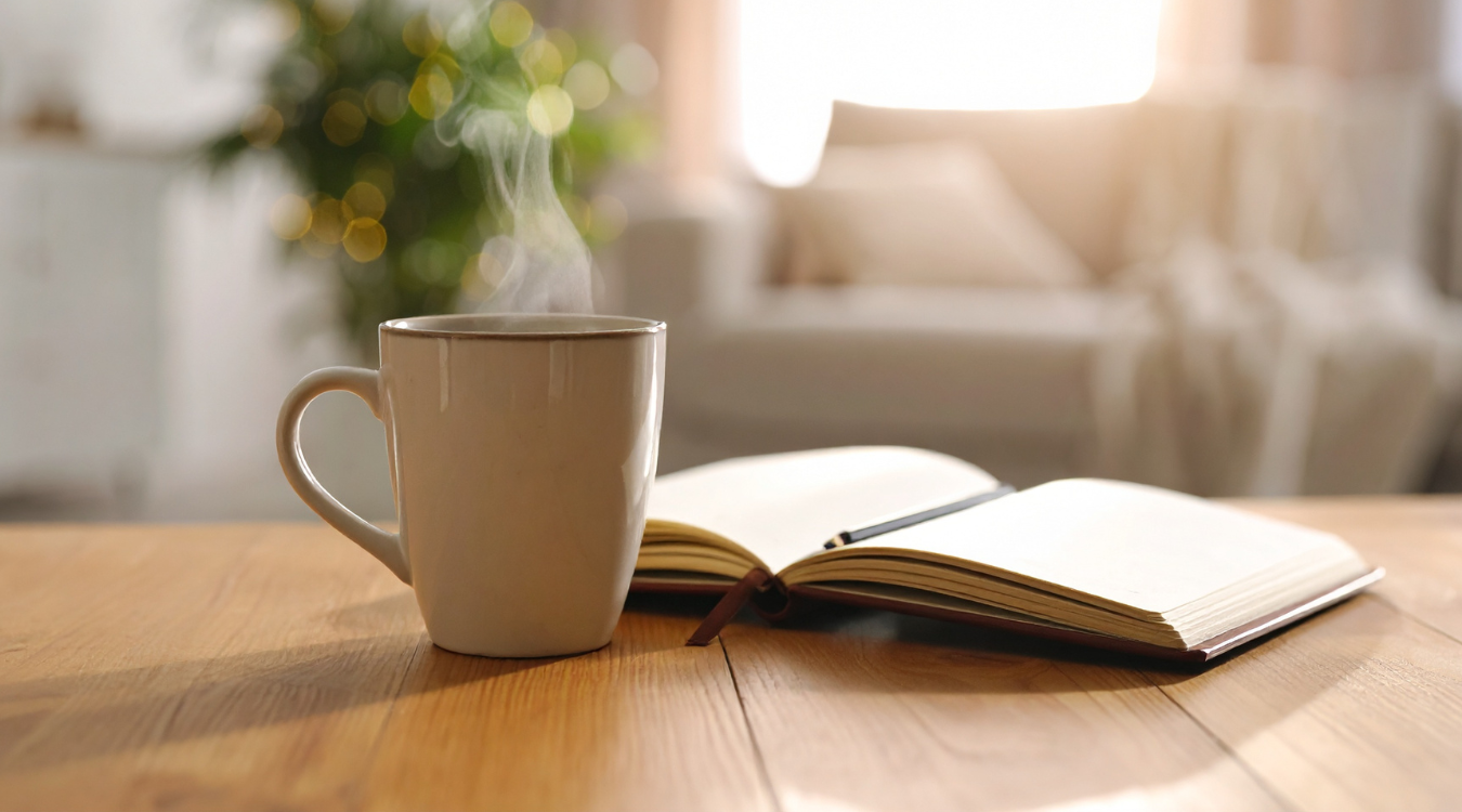 Steaming mug on wooden table next to open notebook, with blurred living room in the background.