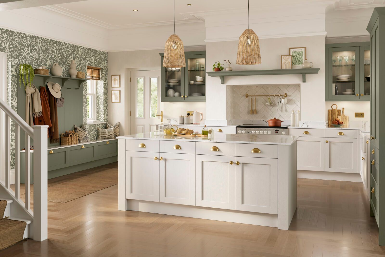 A kitchen with white cabinets and green cabinets and a large island in the middle.
