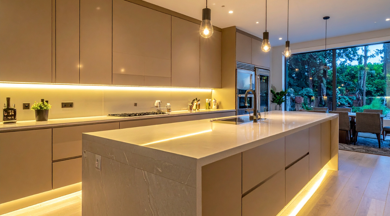 A modern beige-toned kitchen complete with an island and inviting ambient lighting throughout. Modern kitchen with beige cabinets and island, ambient lighting.