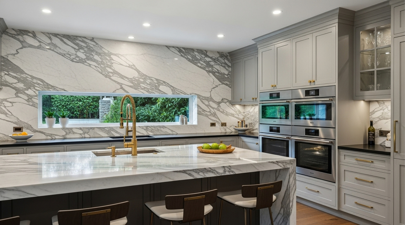 A modern kitchen with marble backsplash, island, and stainless steel appliances.