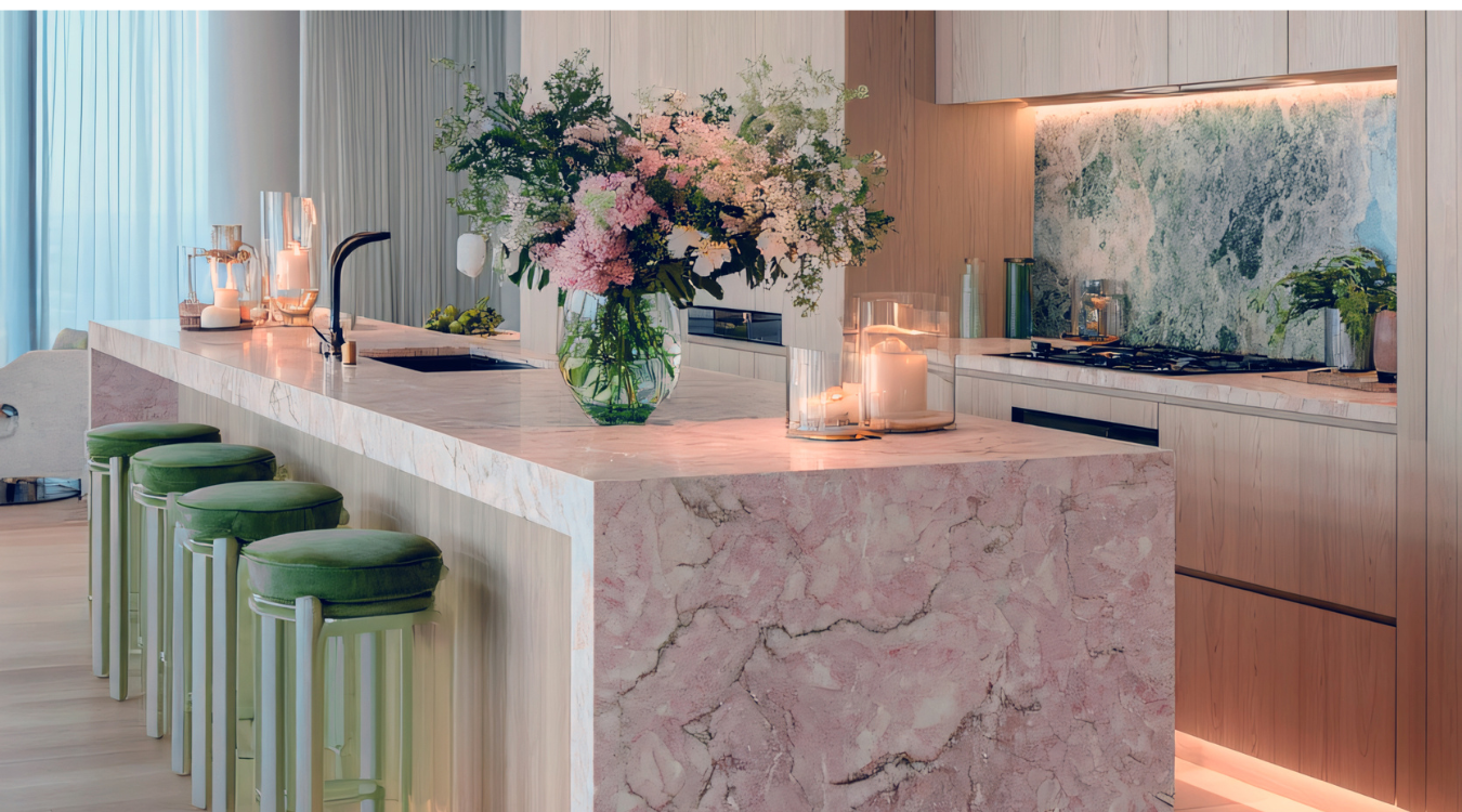 Kitchen with pink countertop, green stools, large floral arrangement, and light wood cabinets.