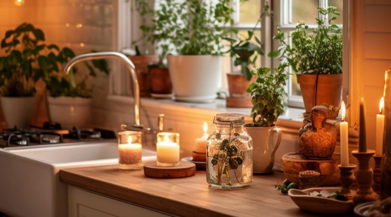 A warm and inviting kitchen setting featuring potted plants and softly glowing candles on a wooden worktop beside a window. A warm, cozy kitchen scene with potted plants and lit candles on a wooden countertop by a window.