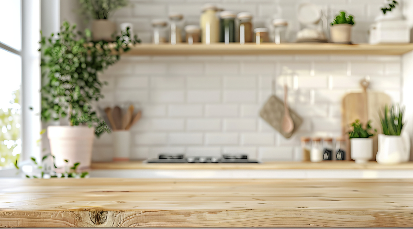 A wooden kitchen countertop in the foreground, with softly blurred shelves, greenery, and a stove creating a warm backdrop. Wooden kitchen counter with blurred background of shelves, plants, and stove.