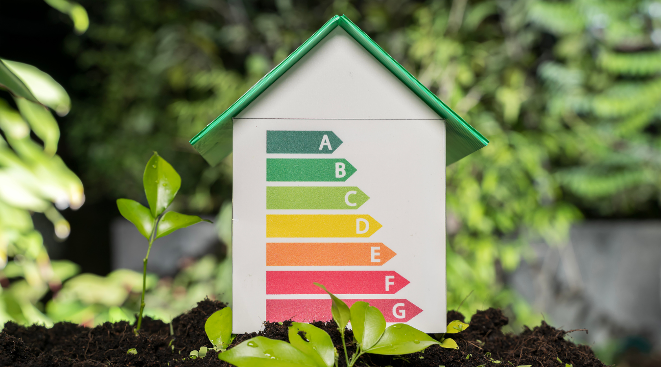 House-shaped model with green roof and energy-efficiency ratings A to G in a garden