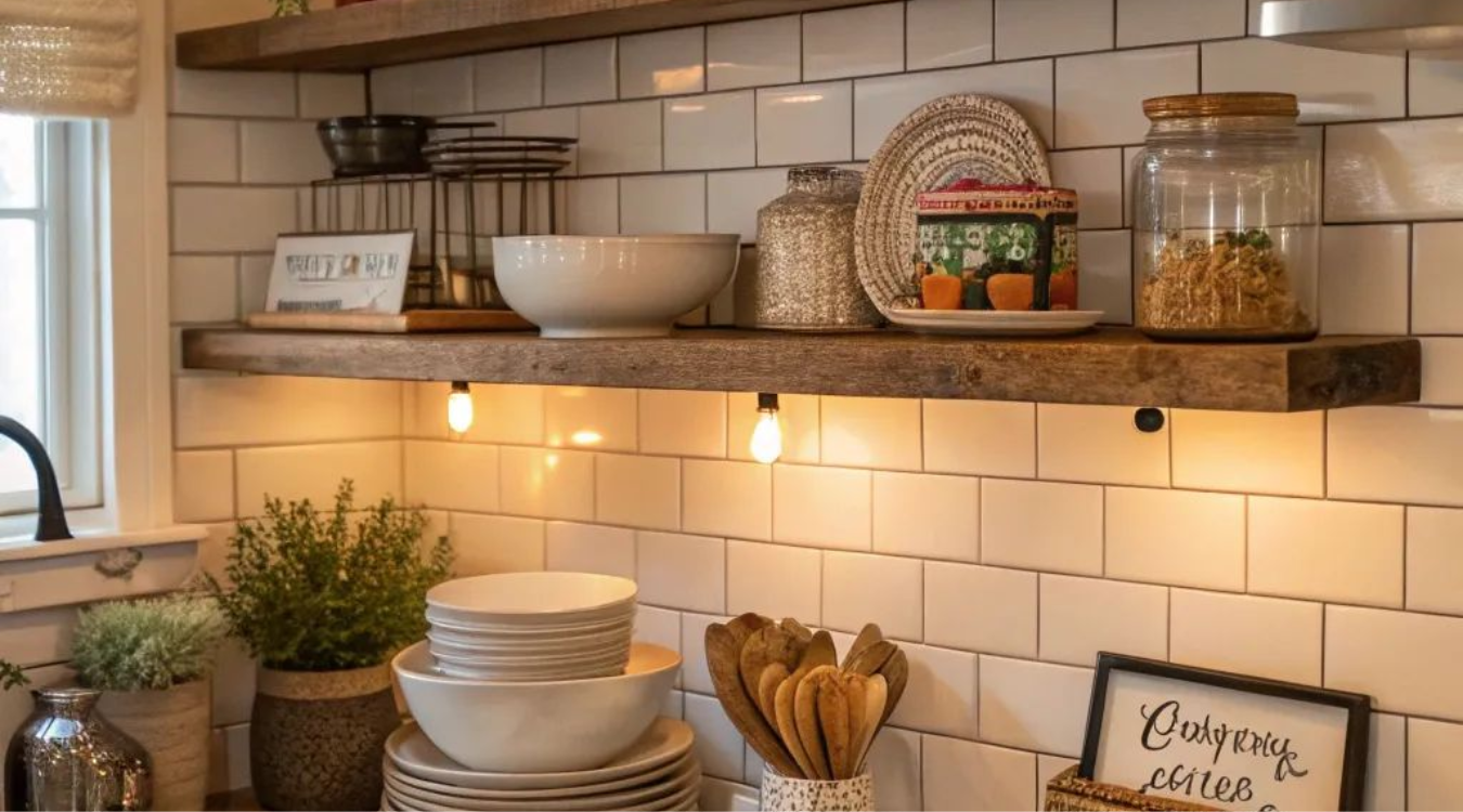 Rustic wooden shelves set against a white subway tile splashback, styled with ceramics, decorative pieces and warm ambient lighting. Rustic wooden kitchen shelves mounted on a white subway tile backsplash, adorned with dishes, decor, and warm lighting.