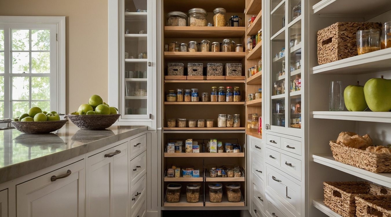 A well-organized pantry features white cabinetry, shelves filled with glass jars, baskets, and fresh green apples.