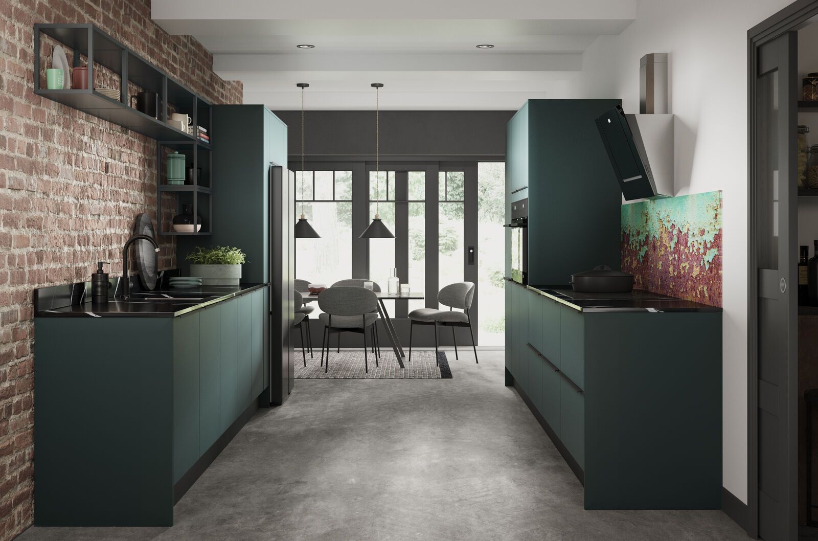 A kitchen with green cabinets and a brick wall.
