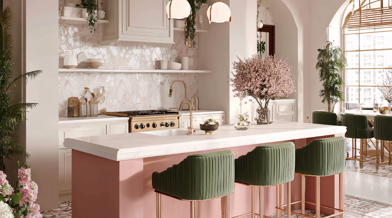Pink kitchen island with green velvet barstools, gold accents, and a marble countertop.