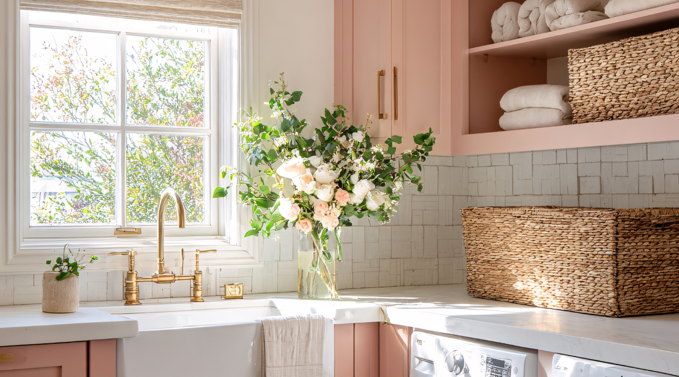 Laundry room with pink cabinets, white countertops, a large flower arrangement, and a bright window.