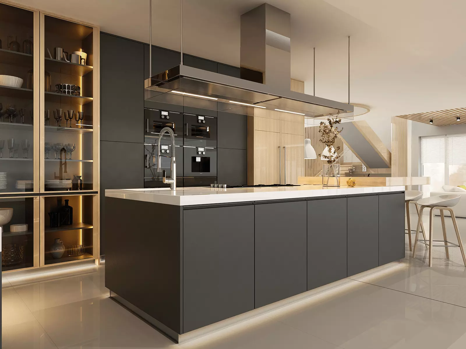 A modern kitchen with a large island in the middle