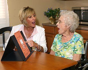 Female Speech Therapist with tablet working with elderly female