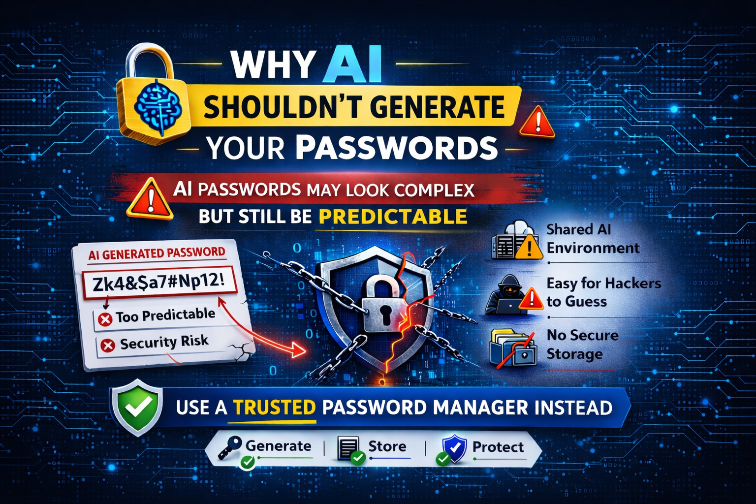 Infographic: why AI shouldn't generate passwords. It shows complex but predictable AI passwords and advises using a password manager instead.