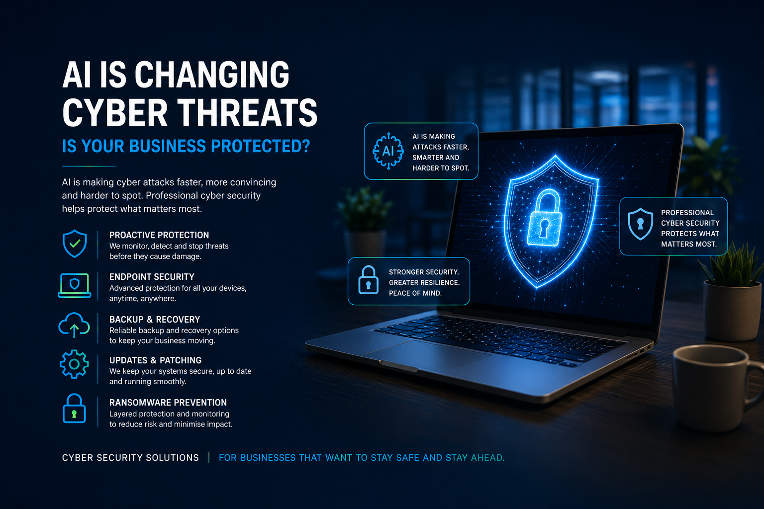 Cyber security infographic with laptop, shield icon, and “AI is changing cyber threats” text on dark blue background