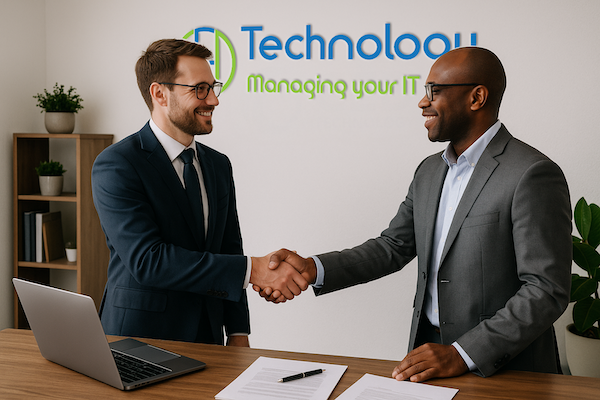 Two men are shaking hands in front of a sign that says CED technology managing your it.