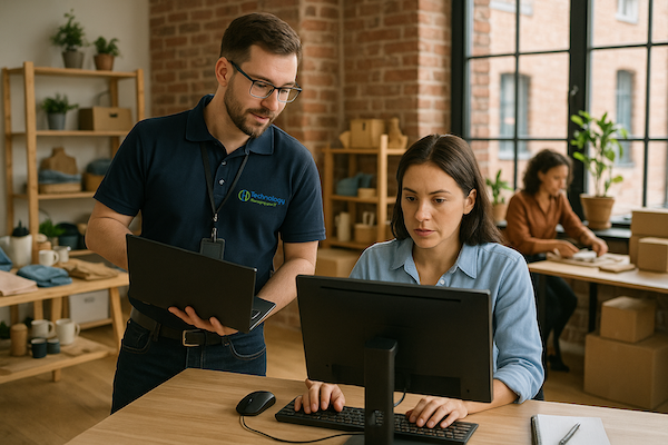 A man is standing next to a woman sitting at a desk in front of a computer.