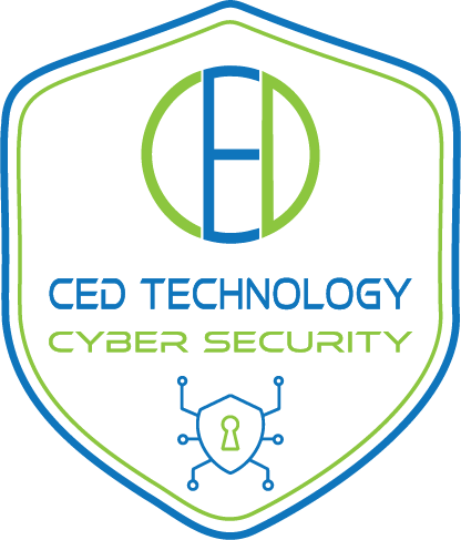 The logo for ced technology cyber security has a shield with a keyhole on it.