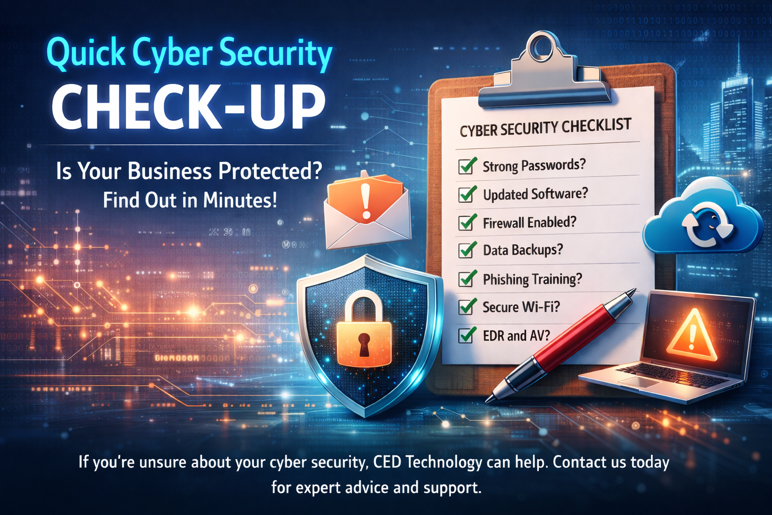 Cyber security check-up ad with checklist, shield, laptop, and cityscape. Checks: strong passwords, updated software, firewall enabled, data backup, phishing training, secure Wi-Fi, and 2FA/MFA.
