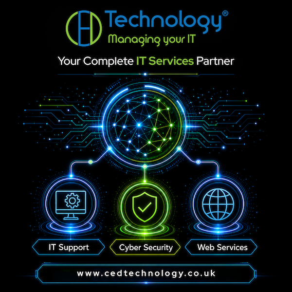 CED Technology logo with neon globe and icons for IT support, cyber security, and web services
