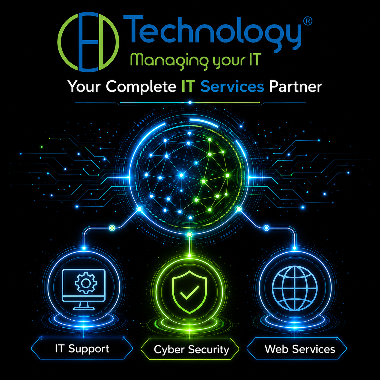 CED Technology logo with neon globe and icons for IT support, cyber security, and web services