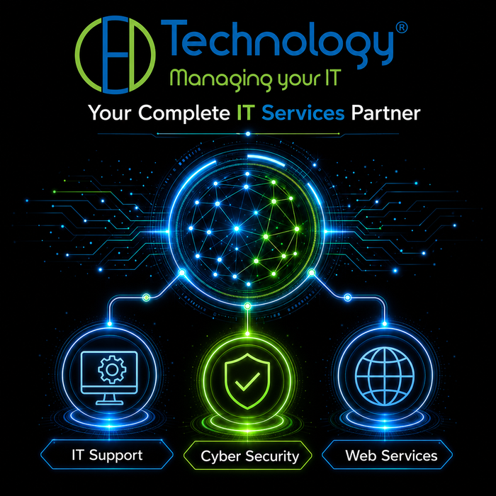 CED Technology logo with neon globe and icons for IT support, cyber security, and web services