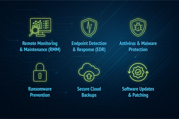 A blue background with icons on it representing cyber security  features