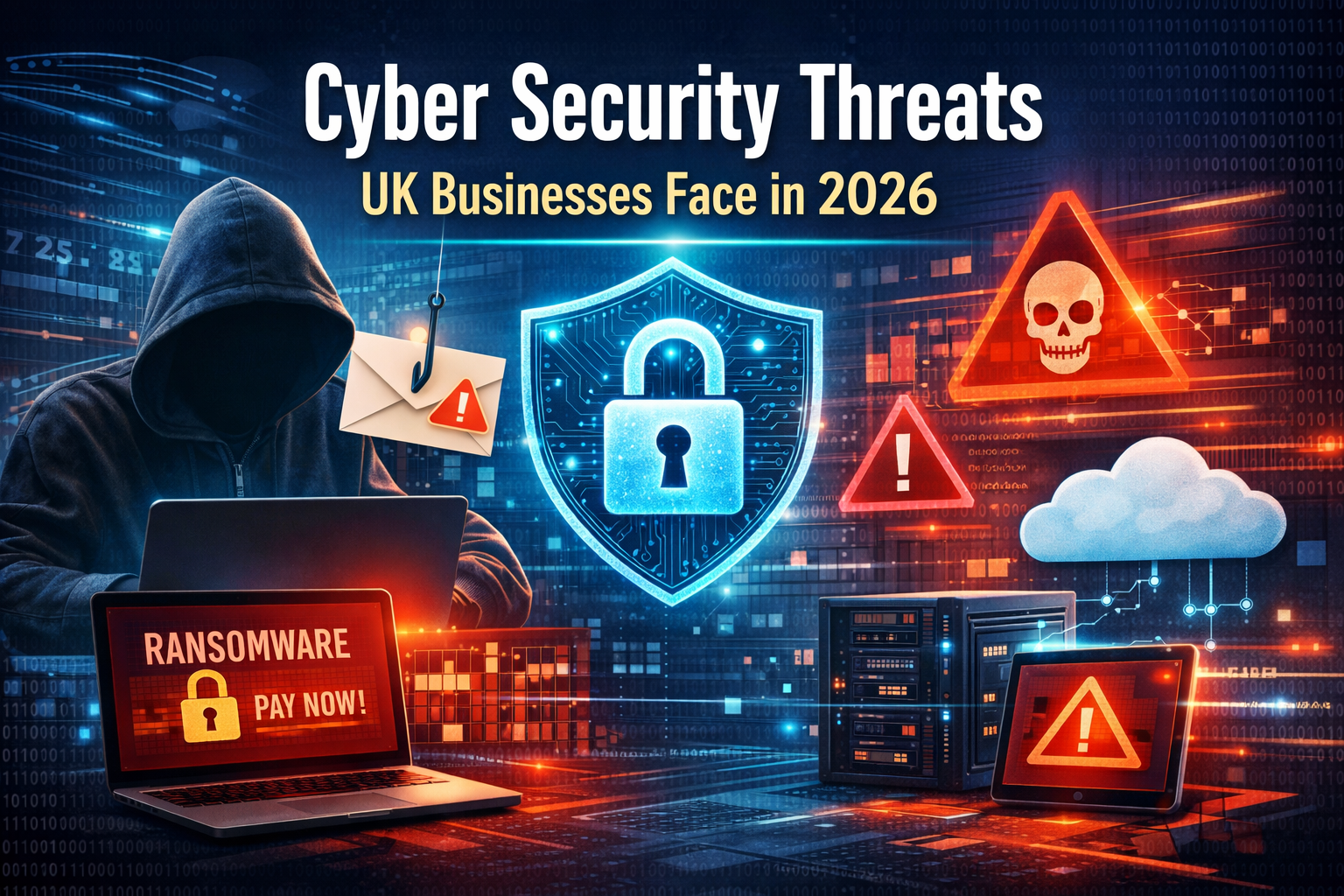 Digital illustration of a hooded figure at a computer with ransomware warnings, cyber threats, and a glowing security shield.