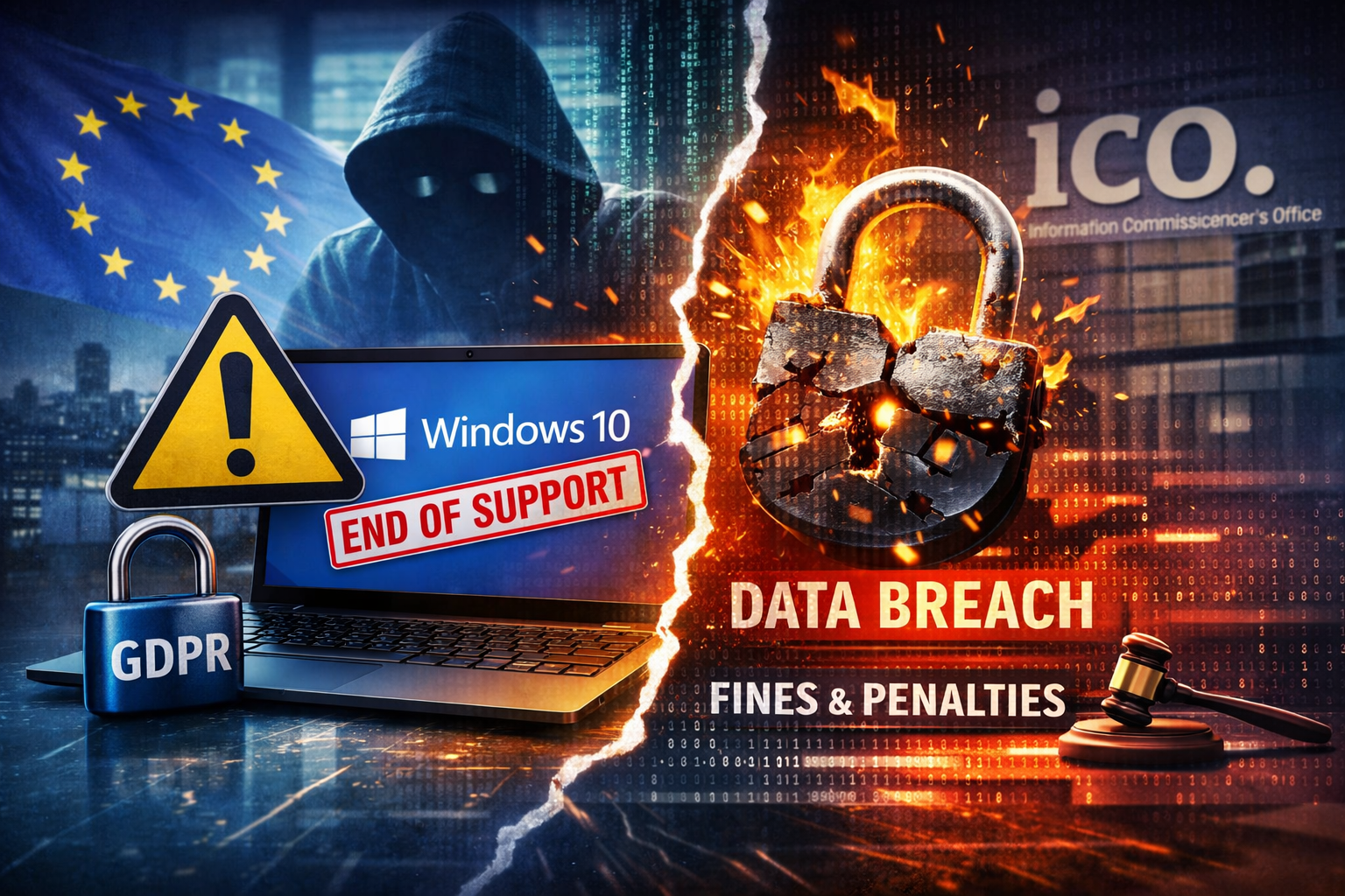 Data breach illustration: a hooded figure, burning lock, Windows 10 
