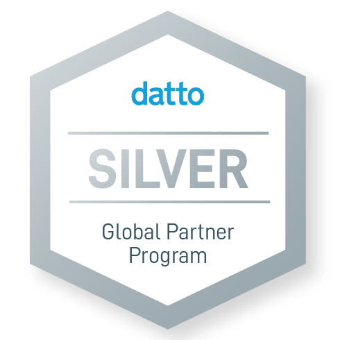 Datto Silver Global Partner Program badge in blue and gray hexagon