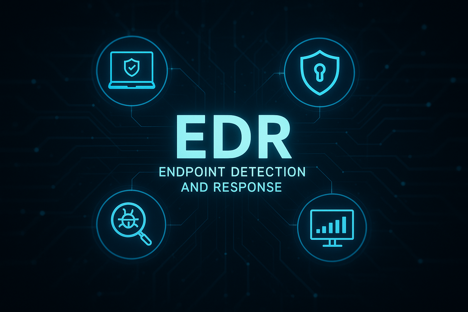 EDR (Endpoint Detection and Response) graphic with icons of a laptop, shield, magnifying glass, and monitor on a dark blue background.