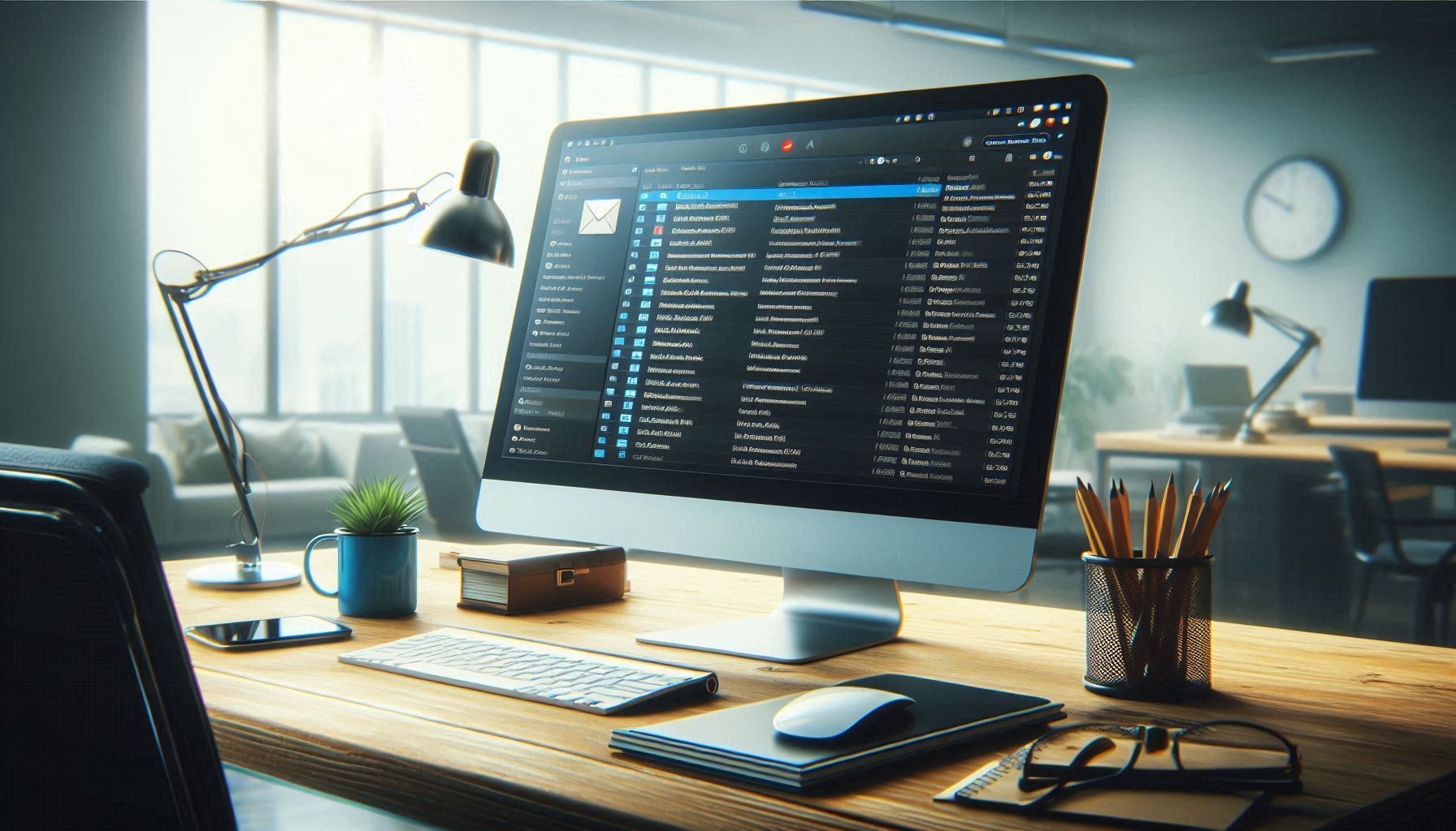 A computer is sitting on a wooden desk in an office.
