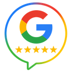 Google logo inside a colorful speech bubble with five gold stars beneath it