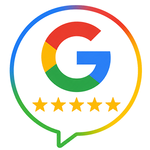 Google logo inside a colorful speech bubble with five gold stars beneath it