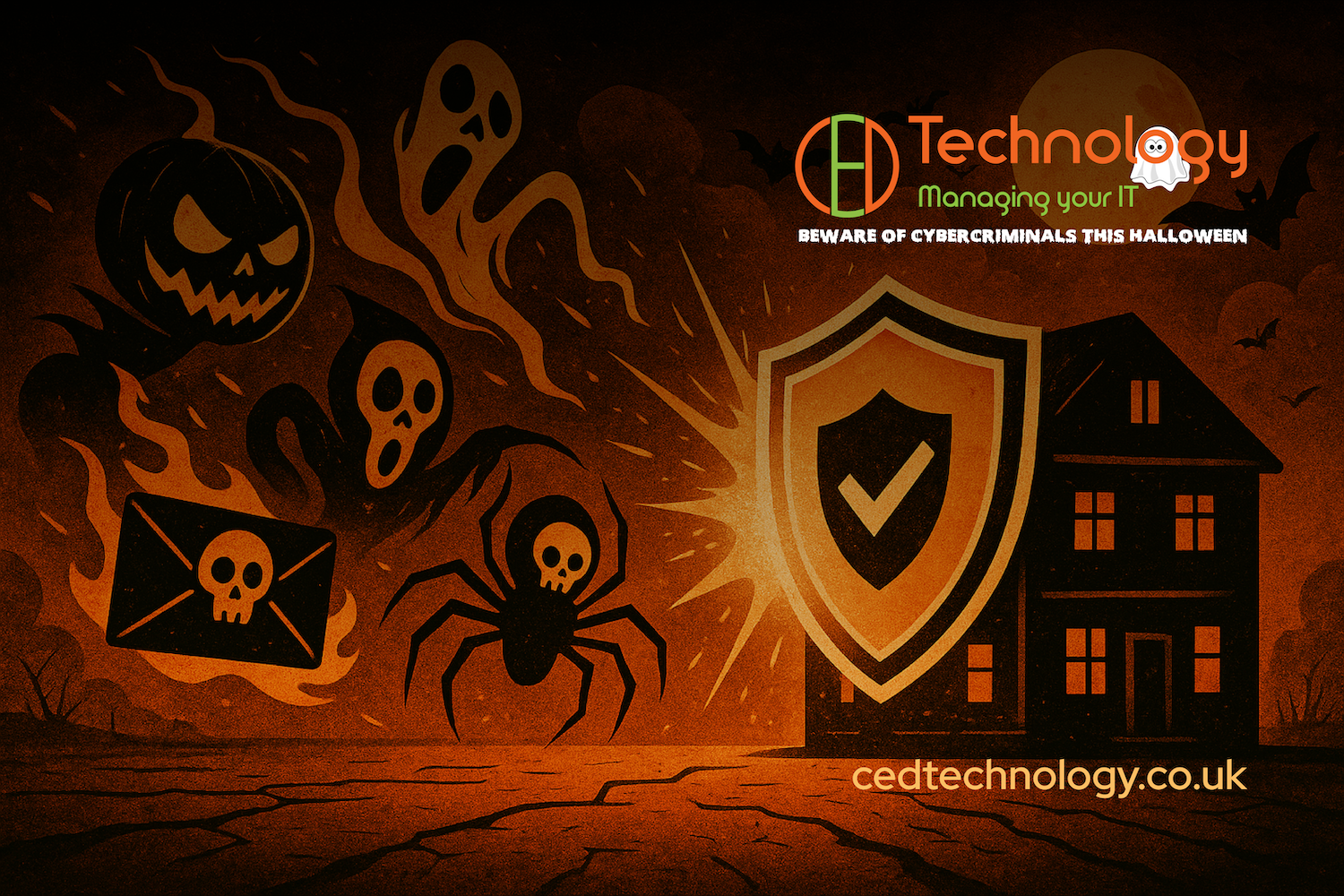 Halloween-themed ad: spooky house protected by a shield, with ghosts, spider, and email with skull.