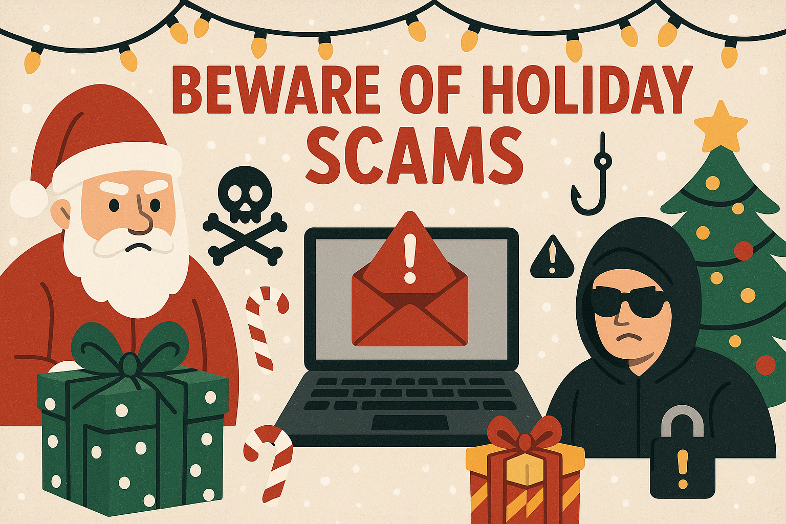 Holiday scam awareness graphic: Santa, laptop with alert, hooded figure, gifts, tree, skull, hook.