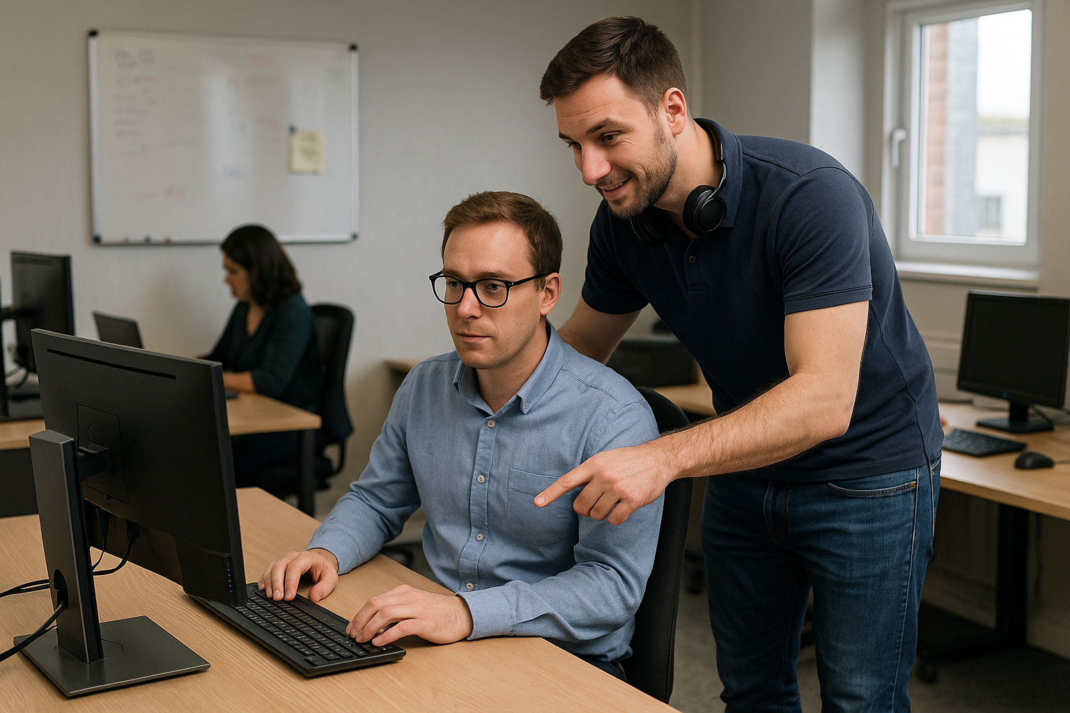 A man is pointing at a computer screen while another man looks on.