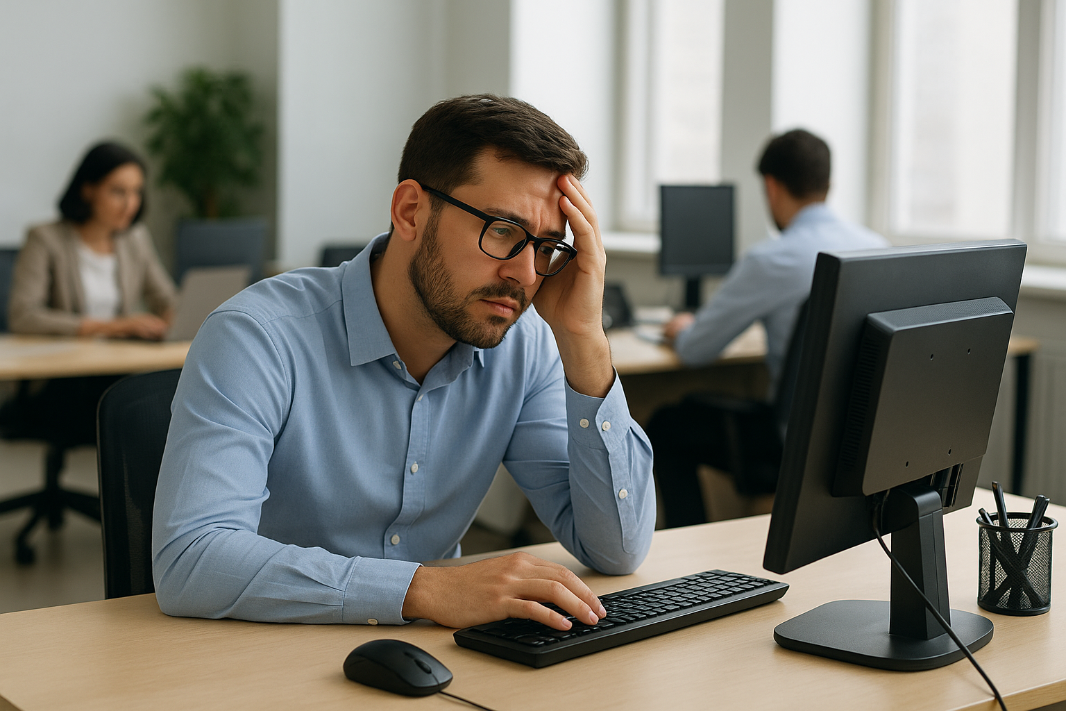 Man at computer, holding head, looking stressed in office.