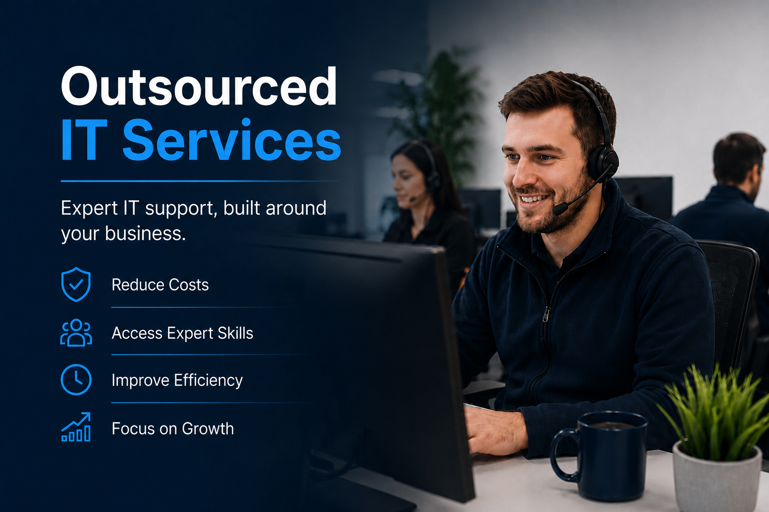 Outsourced IT services banner with smiling headset agent at laptop and blue service icons on dark background