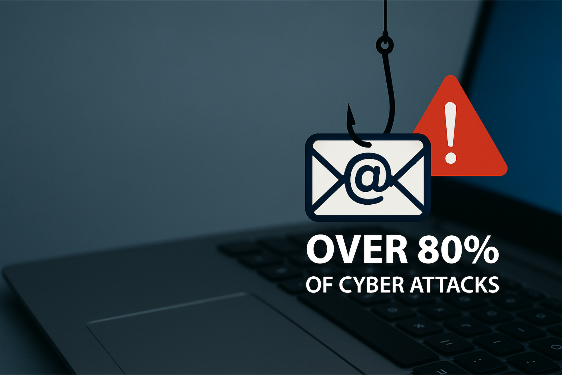 Laptop with email icon on a hook, and an alert symbol. Text reads 