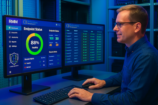 Man working on dual computer monitors, monitoring data, in a server room.