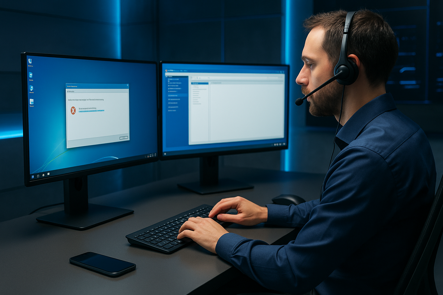 Tech support worker at desk, wearing headset, looking at two monitors. Blue-toned setting.