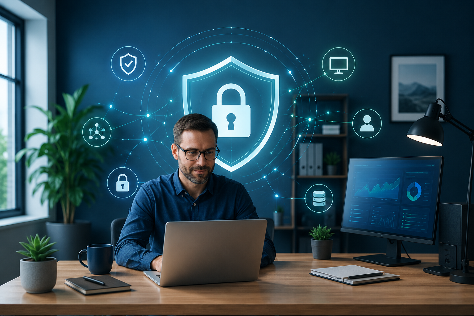 Man working at a laptop in a home office with cybersecurity icons and a glowing lock screen behind him