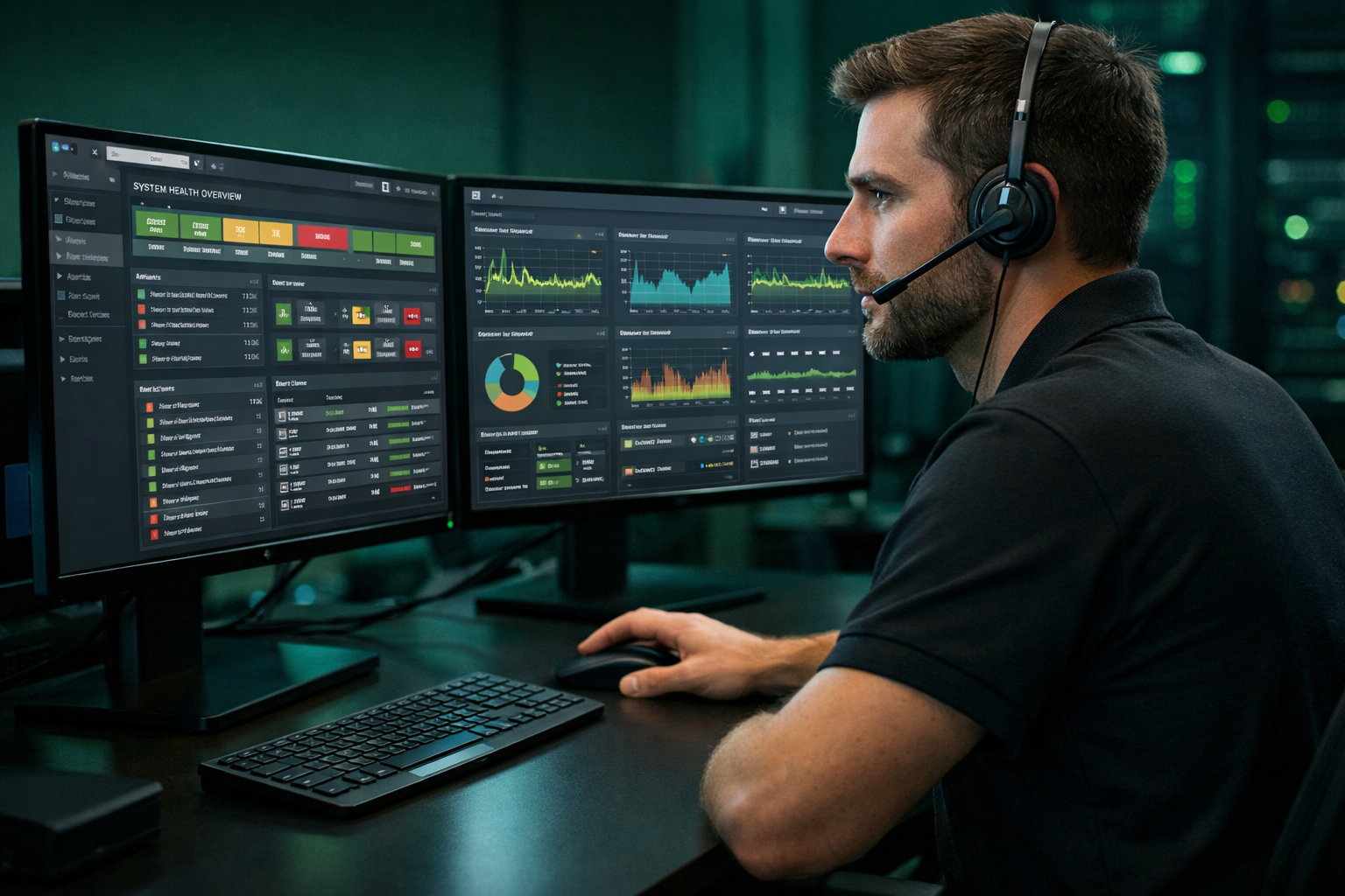 Man wearing headset monitors data dashboards on dual computer screens in a server room.