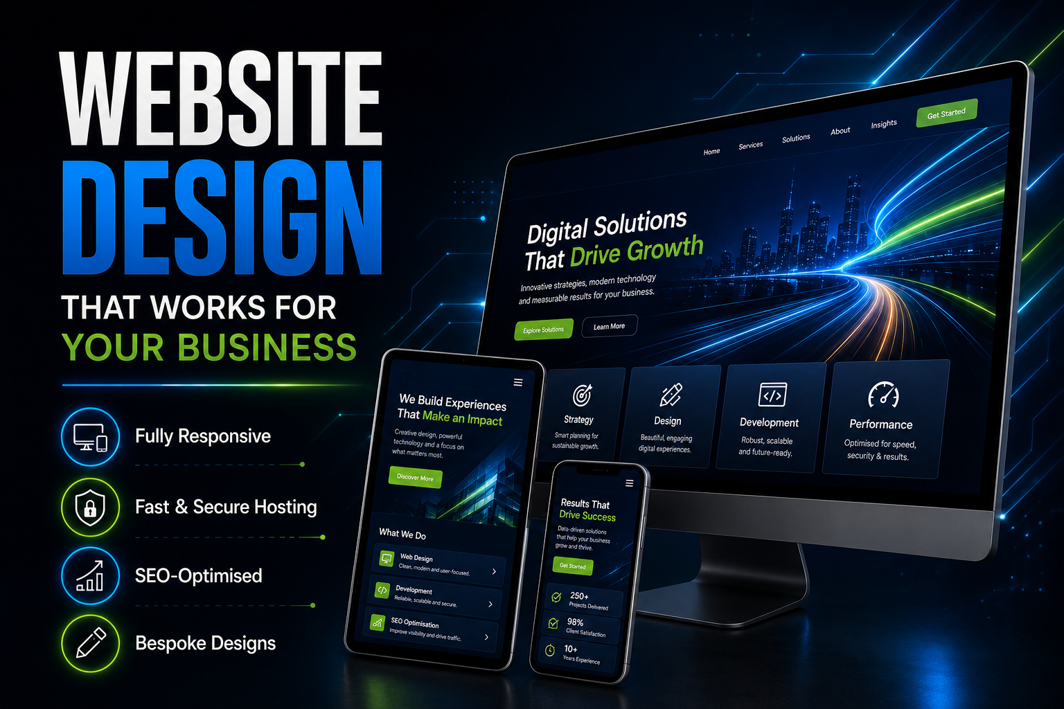 Website design promo with glowing blue computer and phone mockups on a dark background